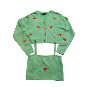 Women's Size XL Cropped Cardigan And Cropped Top Embroidered Cherries